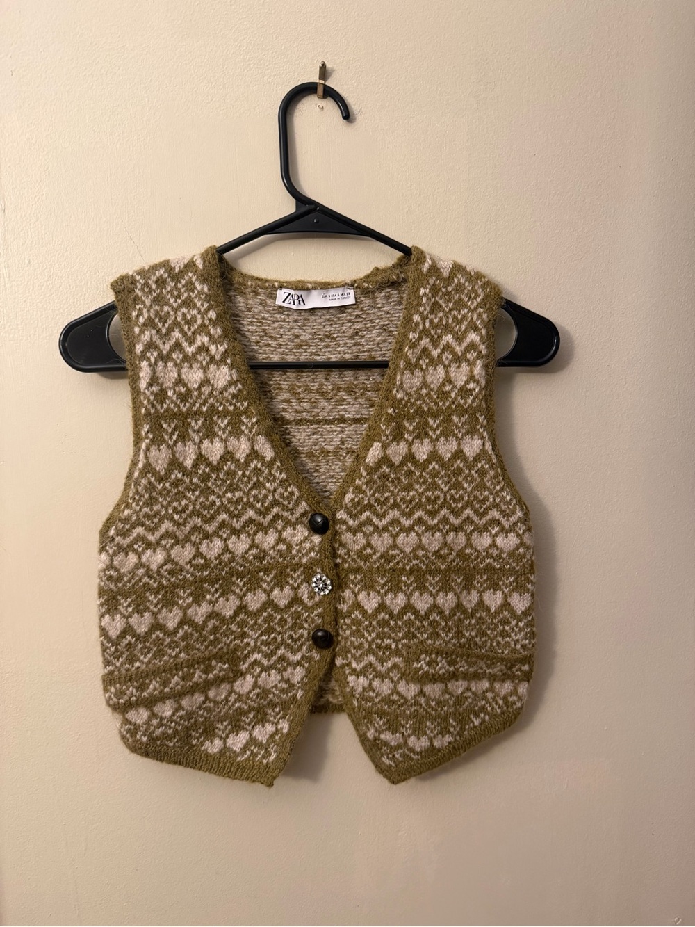 Zara Olive & Cream Patterned V-Neck Knit Vest